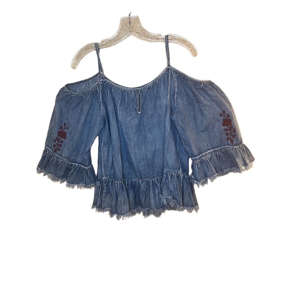 Denim Cotton Blouse Women Size L Embroidered Off Shoulder Ruffle Embroidered Y2K - Picture 3 of 9